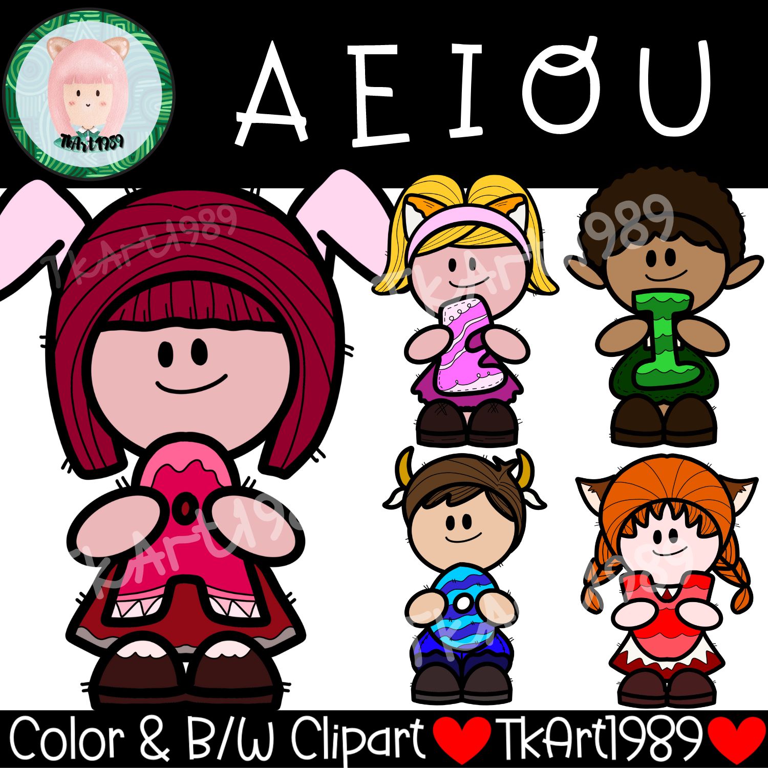 A E I O U Kid clipart for Learning Vowels Alphabet