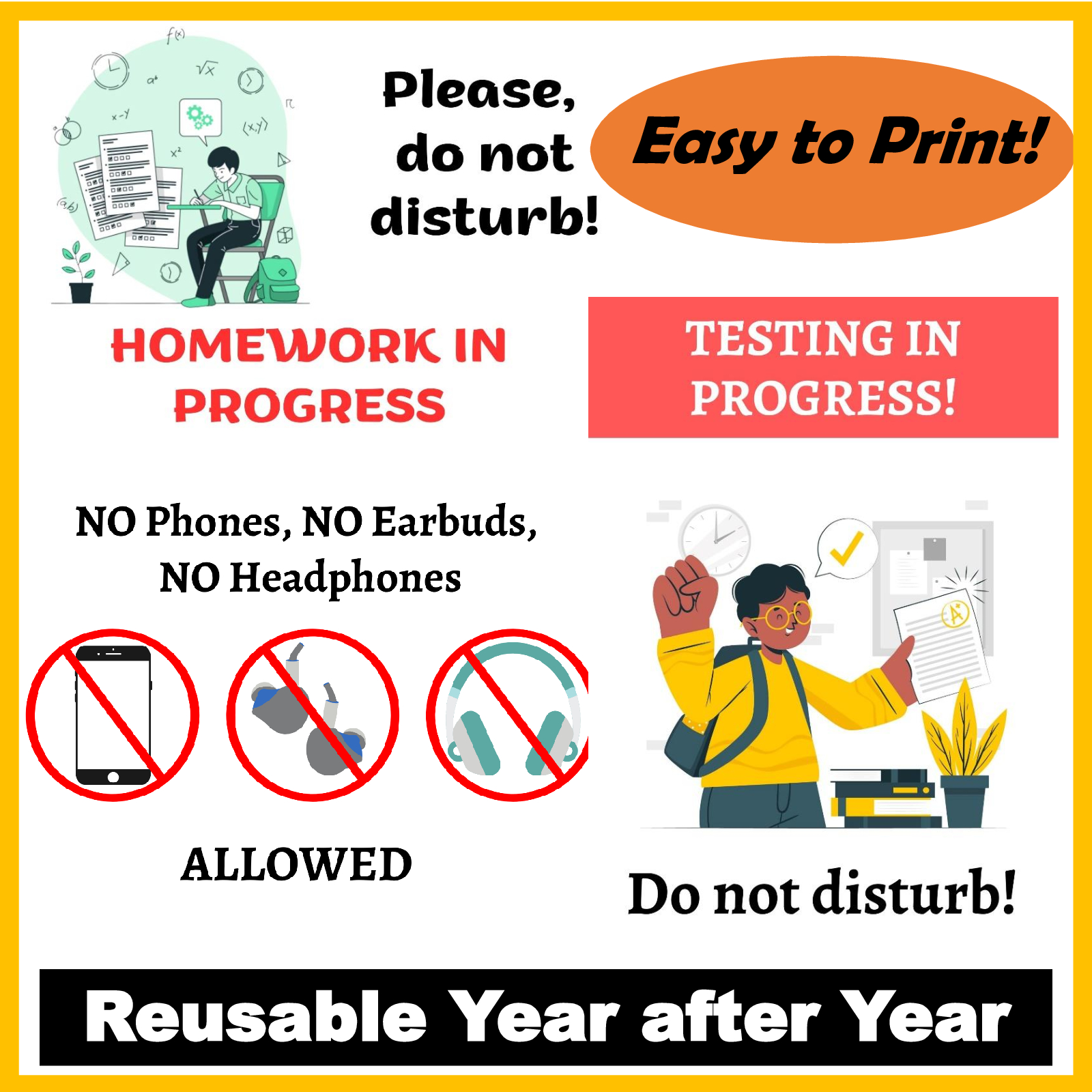 School Posters Bundle - Homework & Testing Signs, No Phones, Earbuds ...