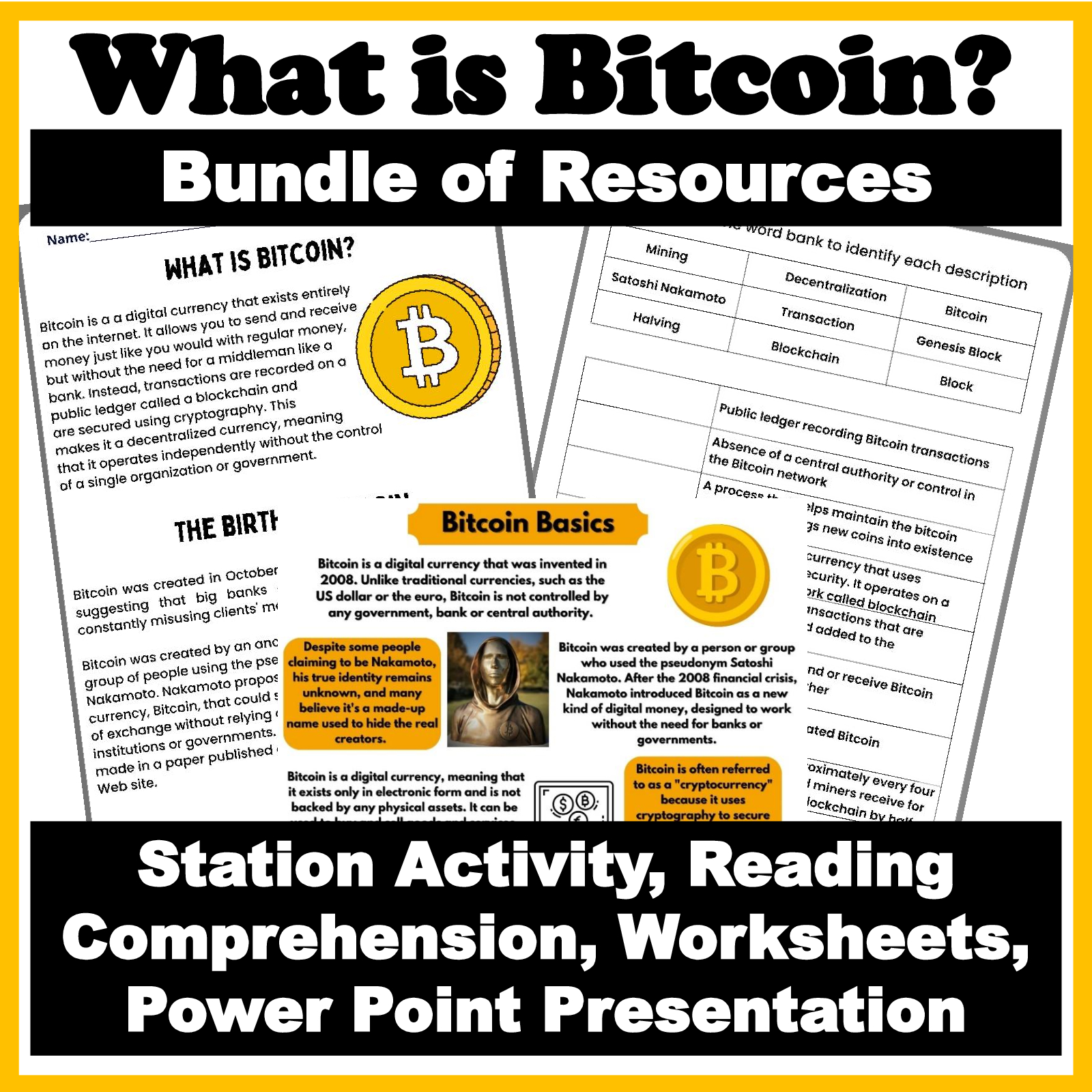Bitcoin Bundle - PPT, Reading Comprehension, Worksheets, Station Activity