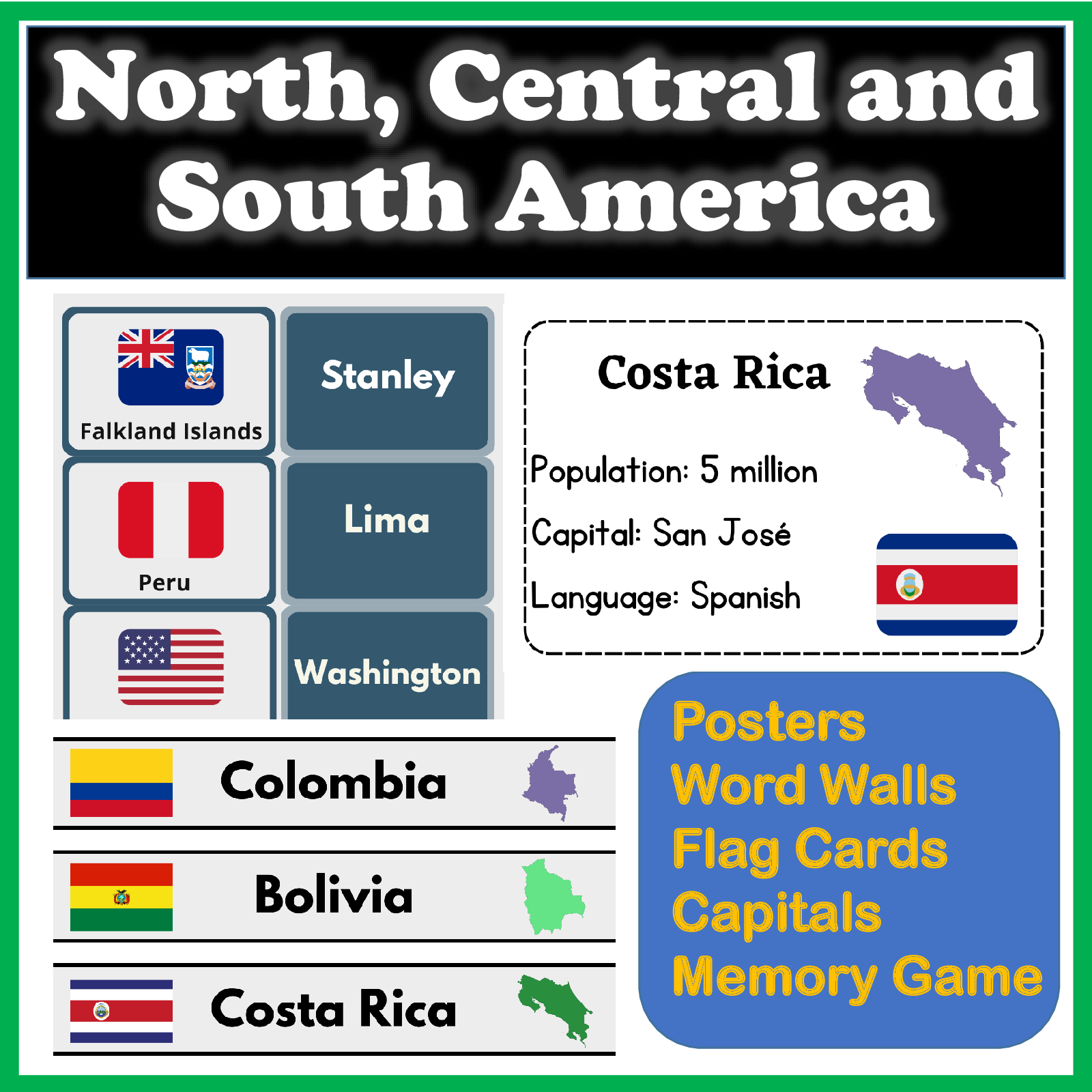 Countries of North & South America - Posters, Word Walls, Flag Cards