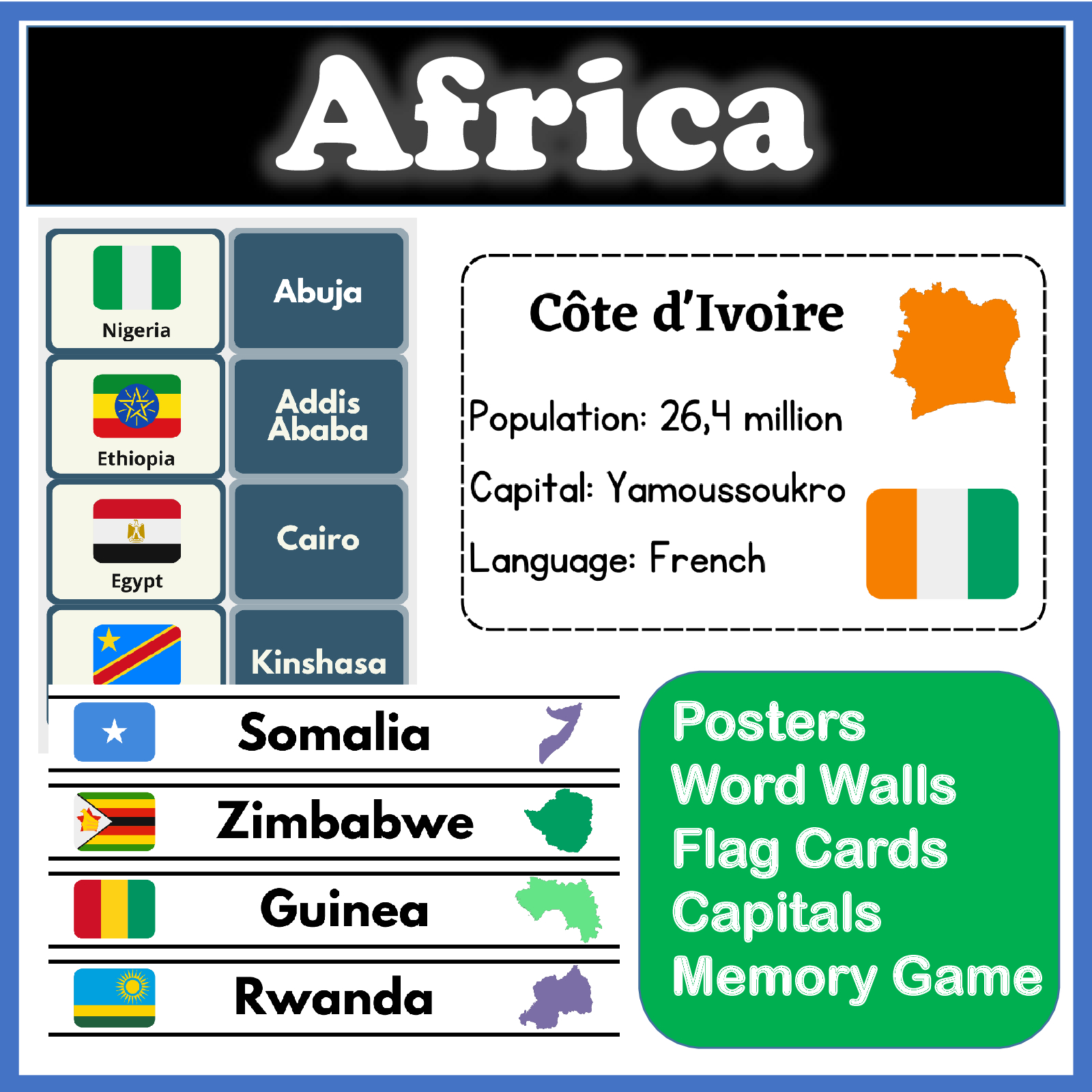 Countries of Africa - Posters, Word Walls, Flag Cards - Classroom Decor