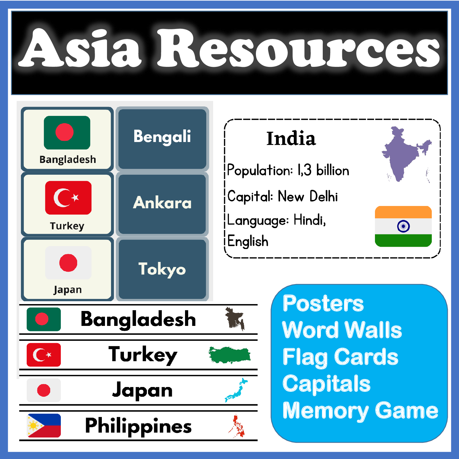 Countries of Asia - Classroom Decor - Posters, Word Walls, Flag Cards with Map