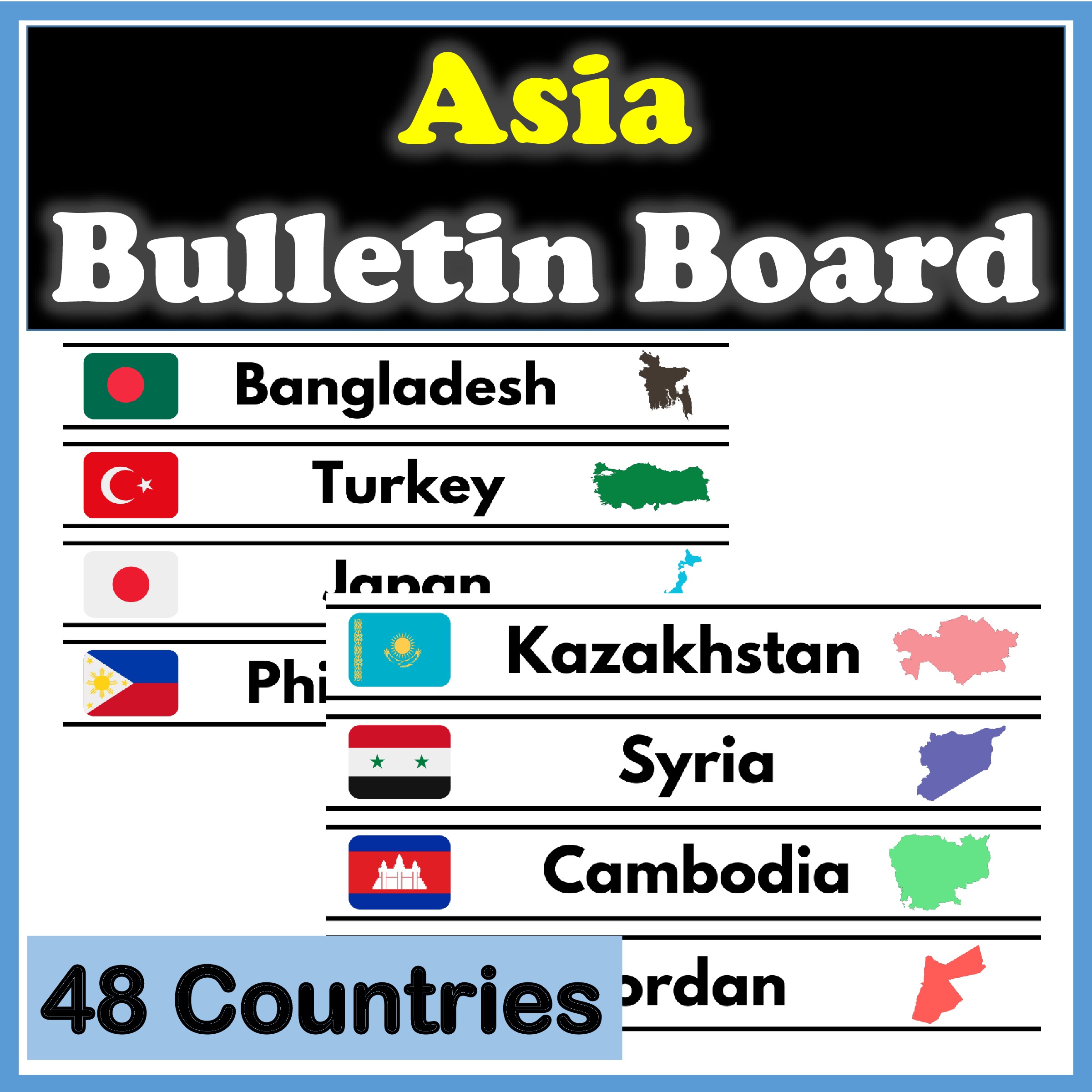 Asia Geography - Word Walls Bulletin Boards with Map and Flag