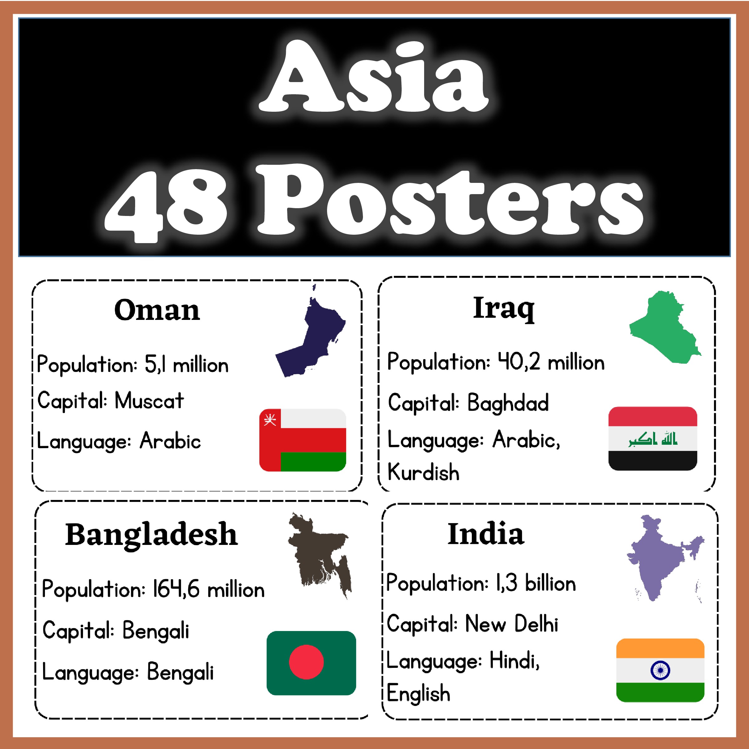 Asia Geography - 48 School Classroom Posters with Map and Flag