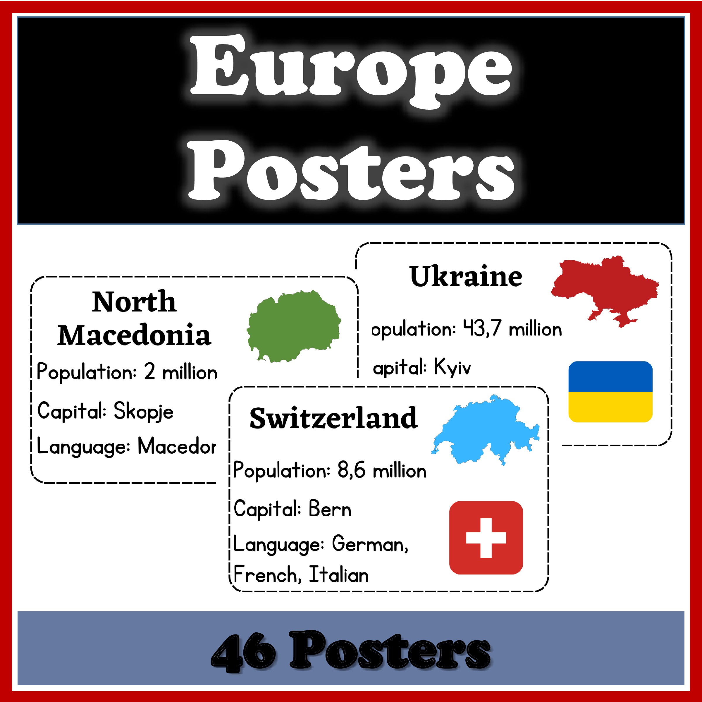 Europe Geography - 48 Printable Classroom Posters with Map and Flag