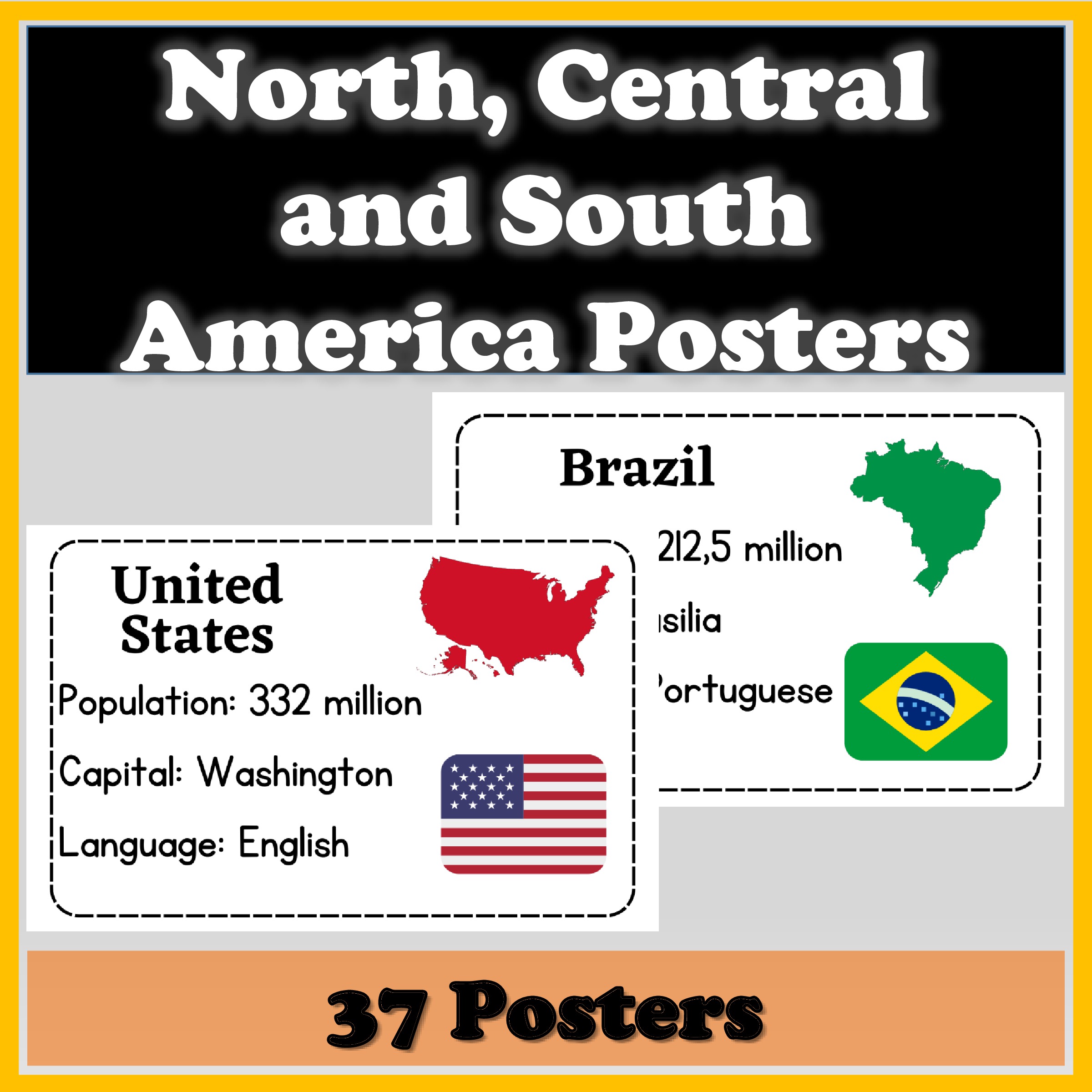 North, Central and South America - Classroom Posters with Map Image and Flag