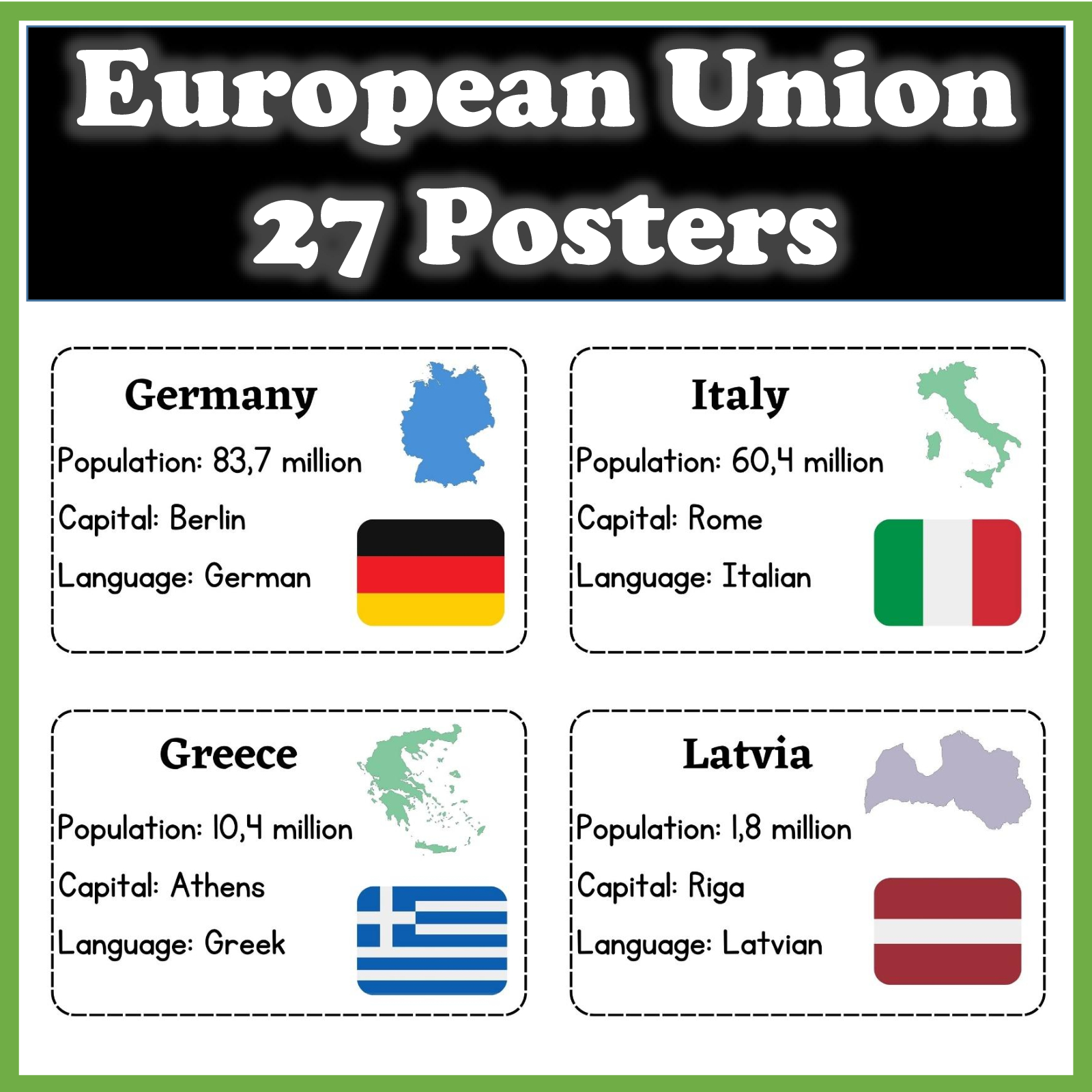 European Union - Classroom Posters with Map Image, Country name and Flag