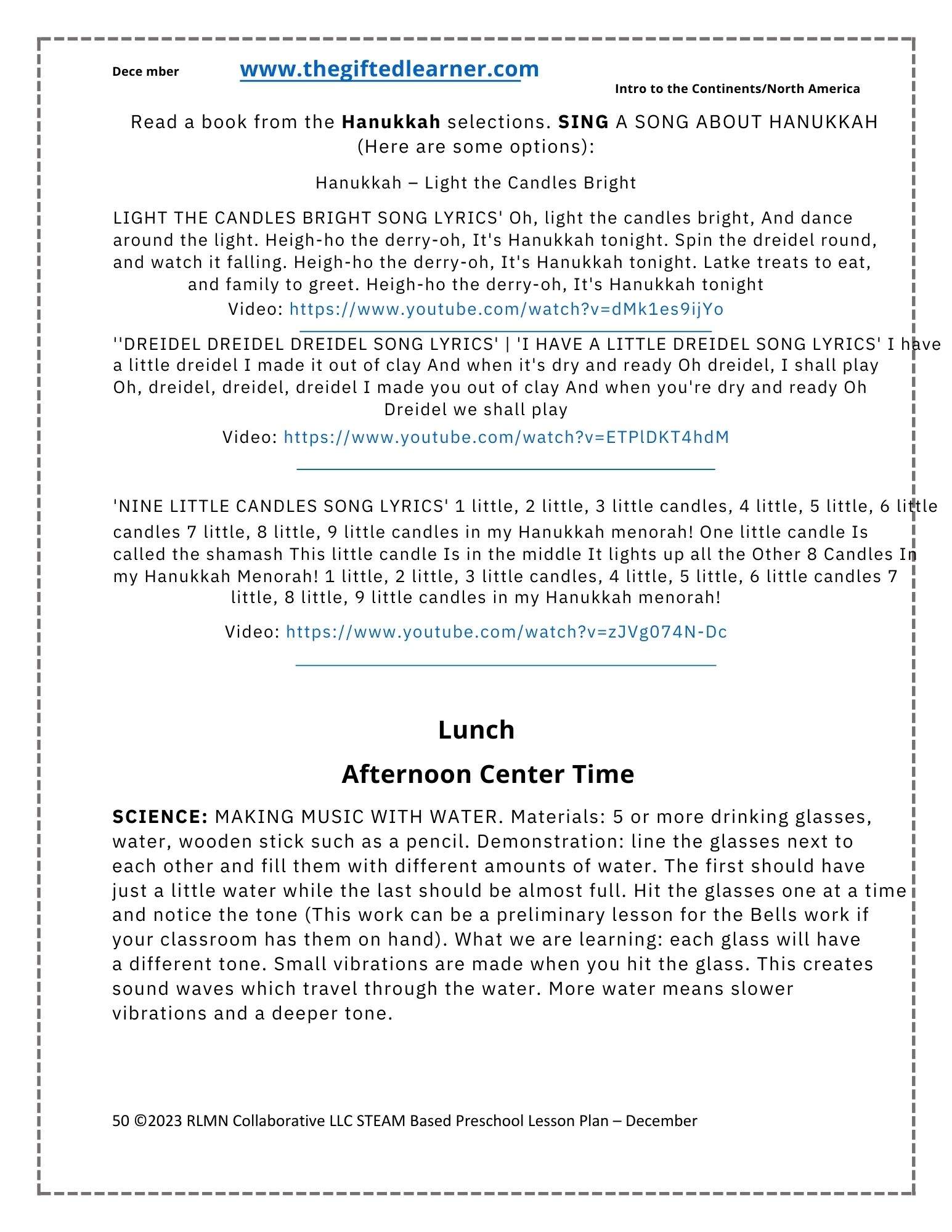 Preschool Lesson Plans daily Curriculum STEAM Reggio Montessori December Themes