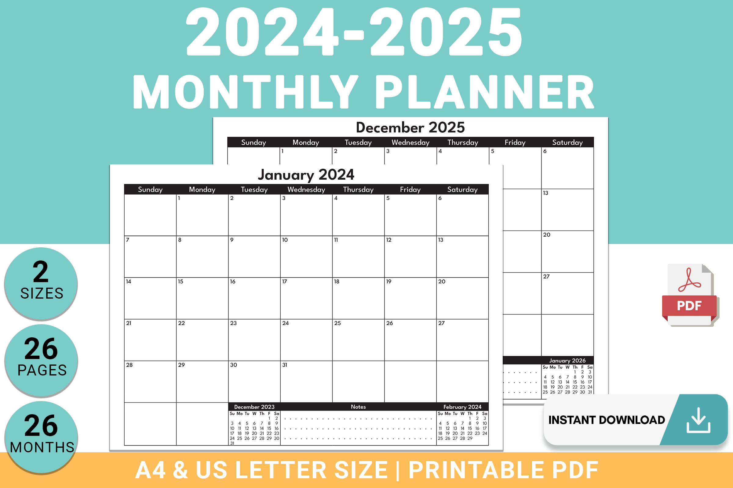 2024-2025 Monthly Planner: Two Years Calendar - Landscape Printable Template, Minimalist Design PDF