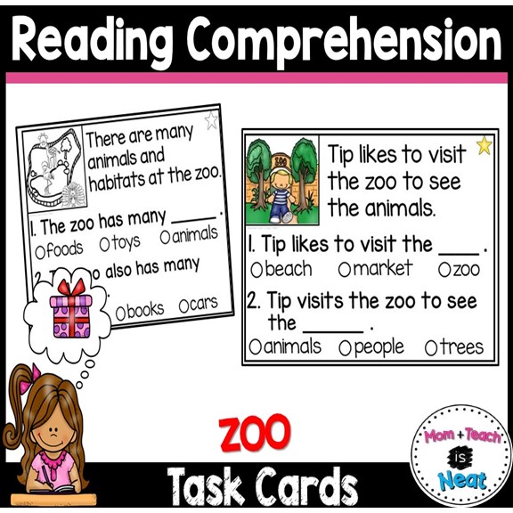 Kindergarten Reading Comprehension Task Cards- Zoo