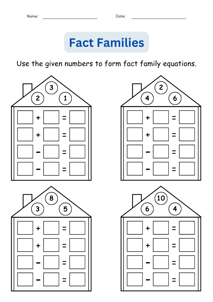 Fact Families Addition and Subtraction Number Math Worksheets for Grade ...