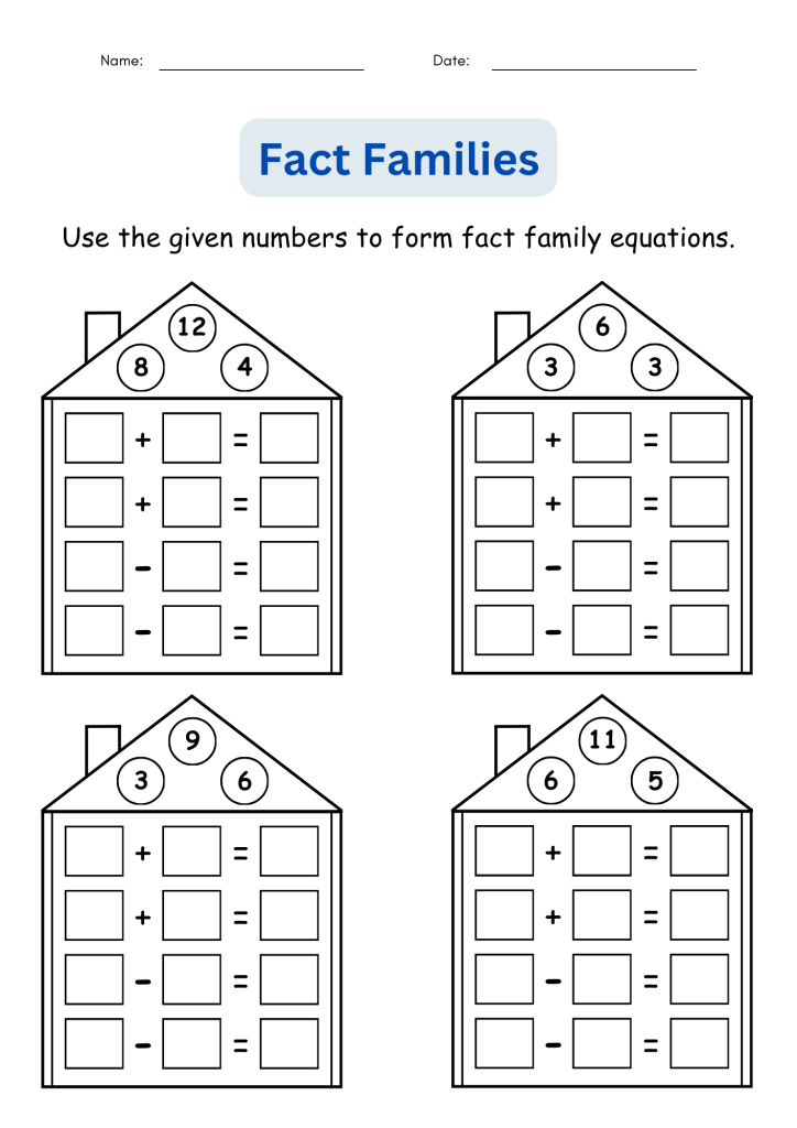 Fact Families Addition and Subtraction Number Math Worksheets for Grade ...