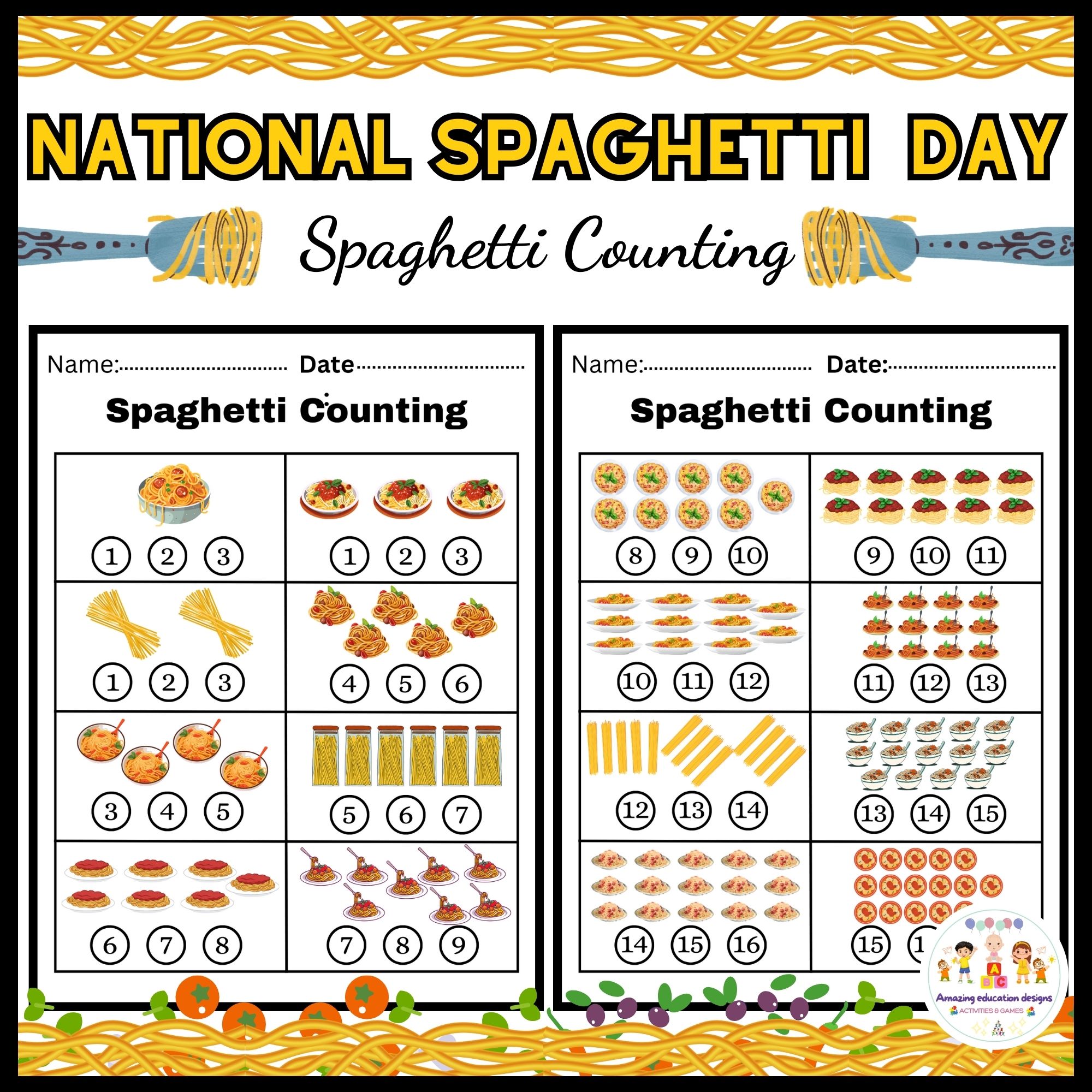 Spaghetti Counting Activities Numbers Worksheets