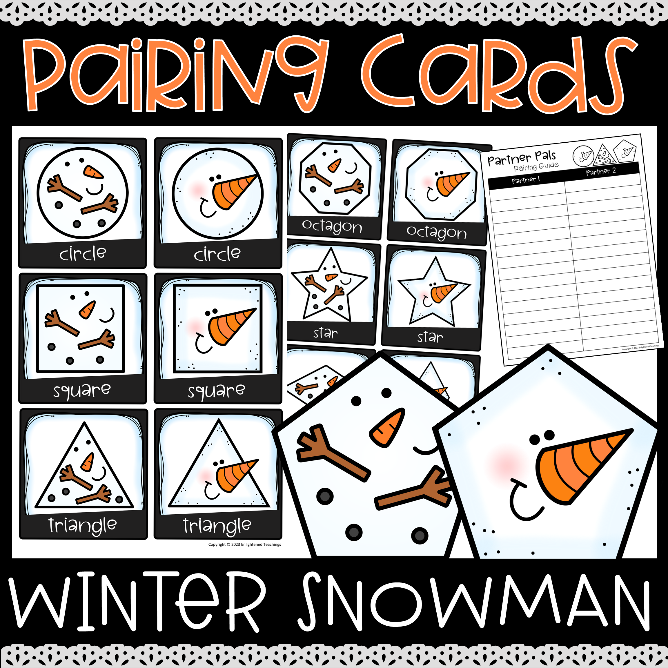 Snowman Partner Pairing Cards, Winter Student Partner Cards, Snowman Shapes