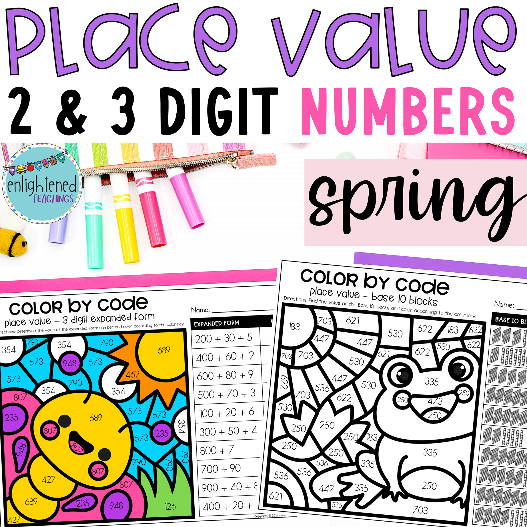 Spring Place Value Worksheets Color by Place Value 2 & 3 Digit Place Value