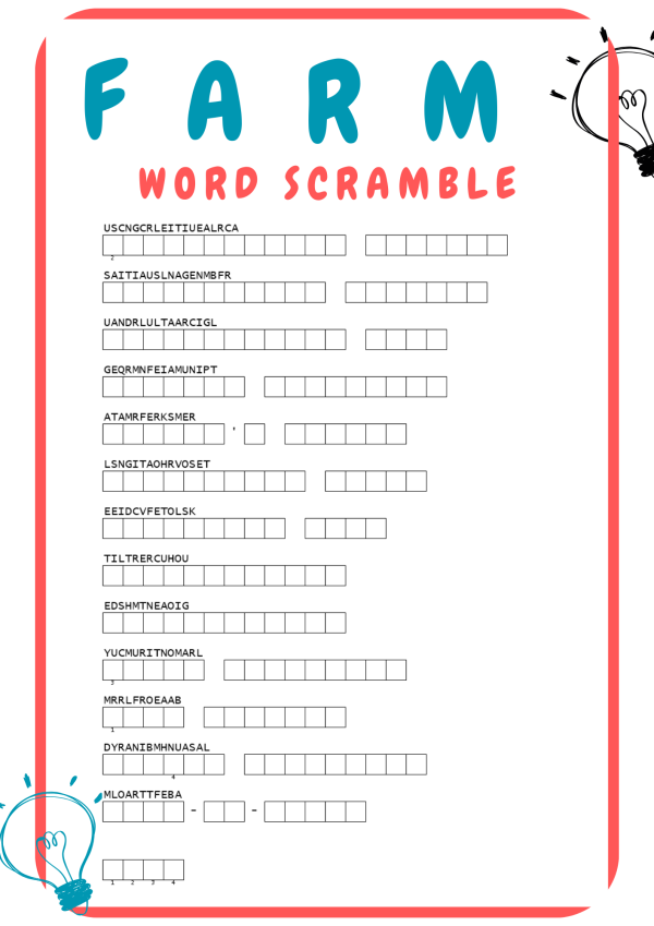 FARM WORD SCRAMBLE PUZZLE WORKSHEETS ACTIVITIES FOR KIDS - Made By Teachers