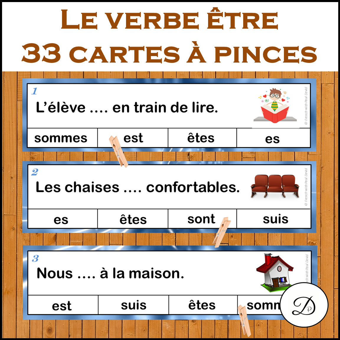 Le verbe être : jeu d’association - 33 cartes à pinces / French Verbs Clip Cards
