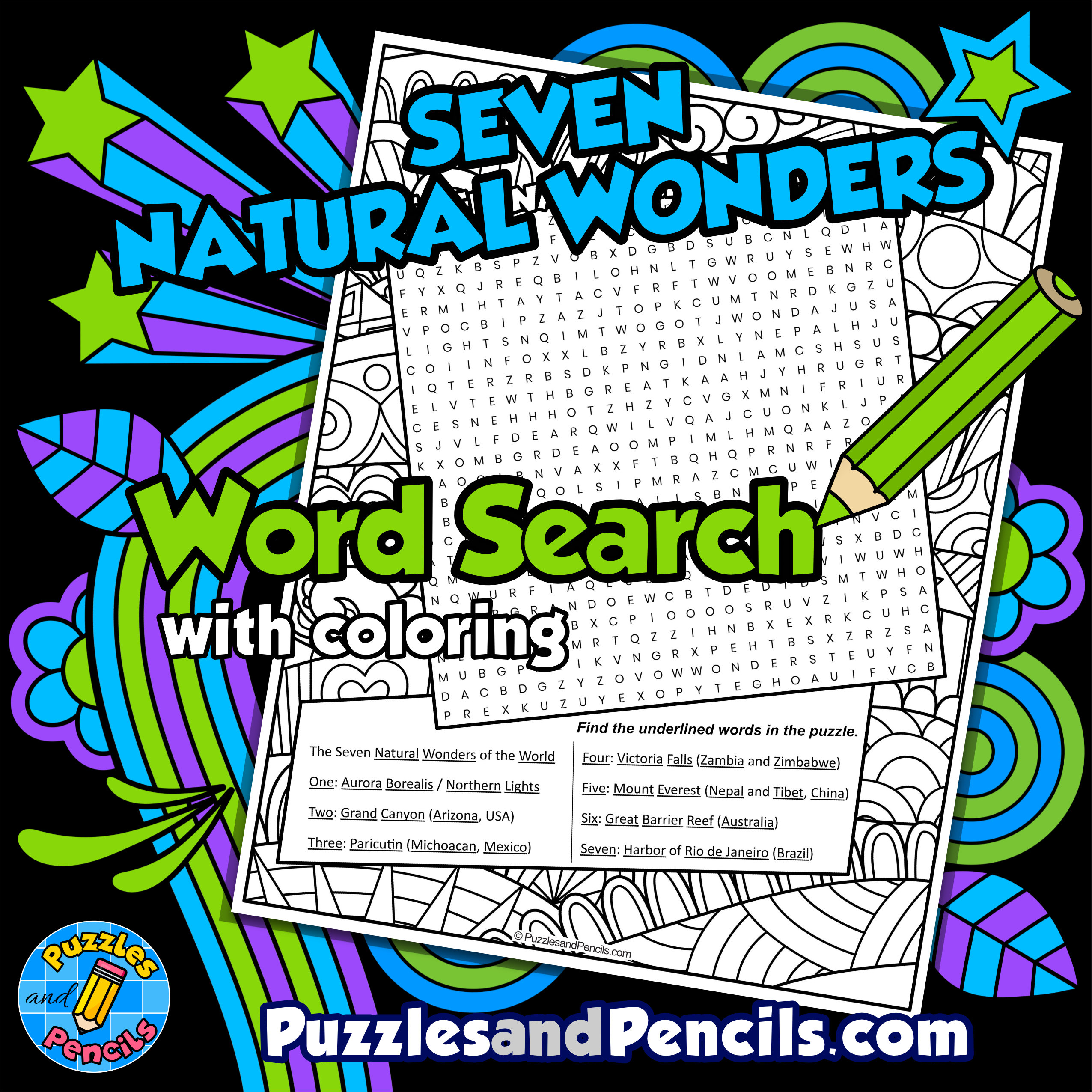 Seven Natural Wonders of the World Word Search Puzzle with Coloring