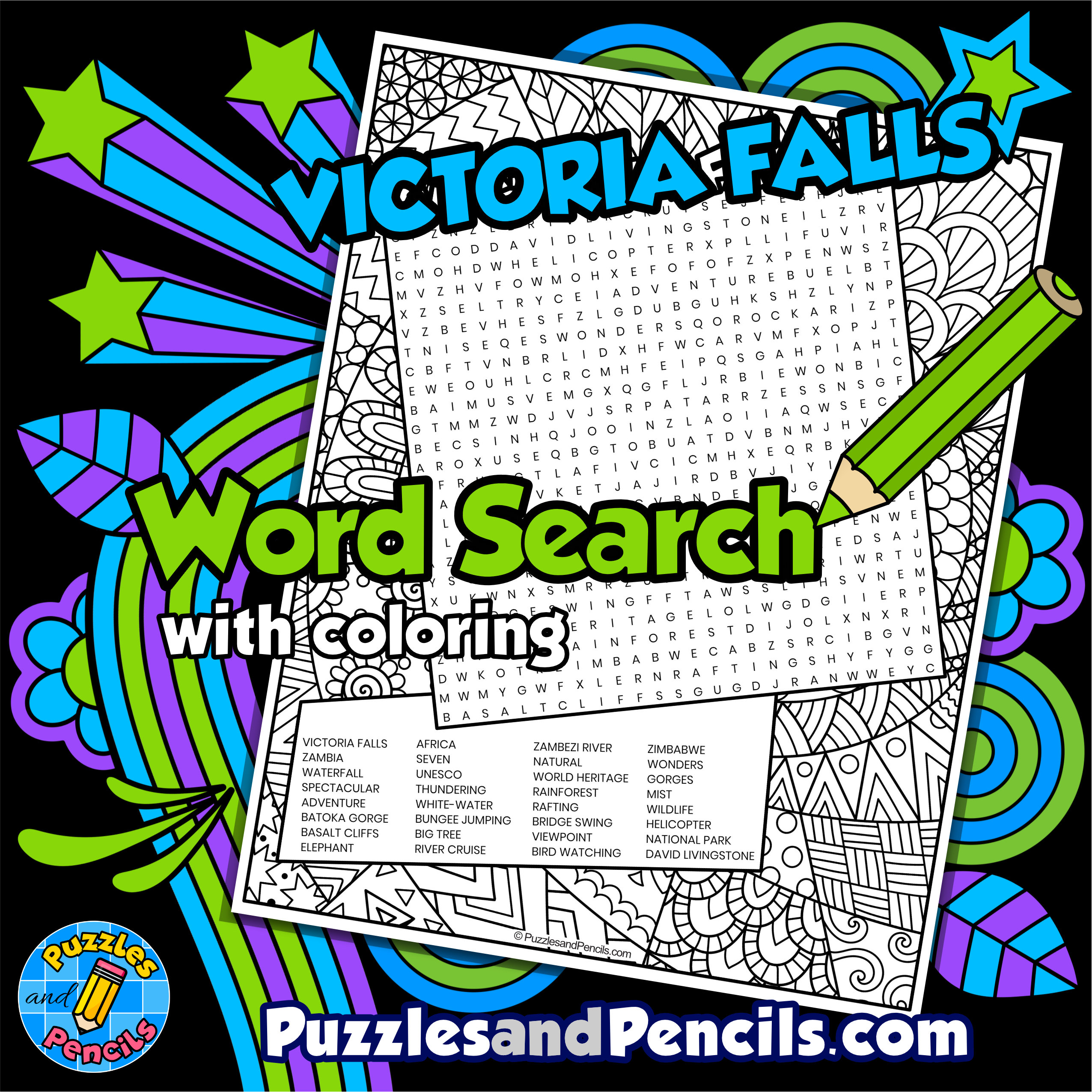 Victoria Falls Word Search Puzzle with Coloring | Seven Natural Wonders