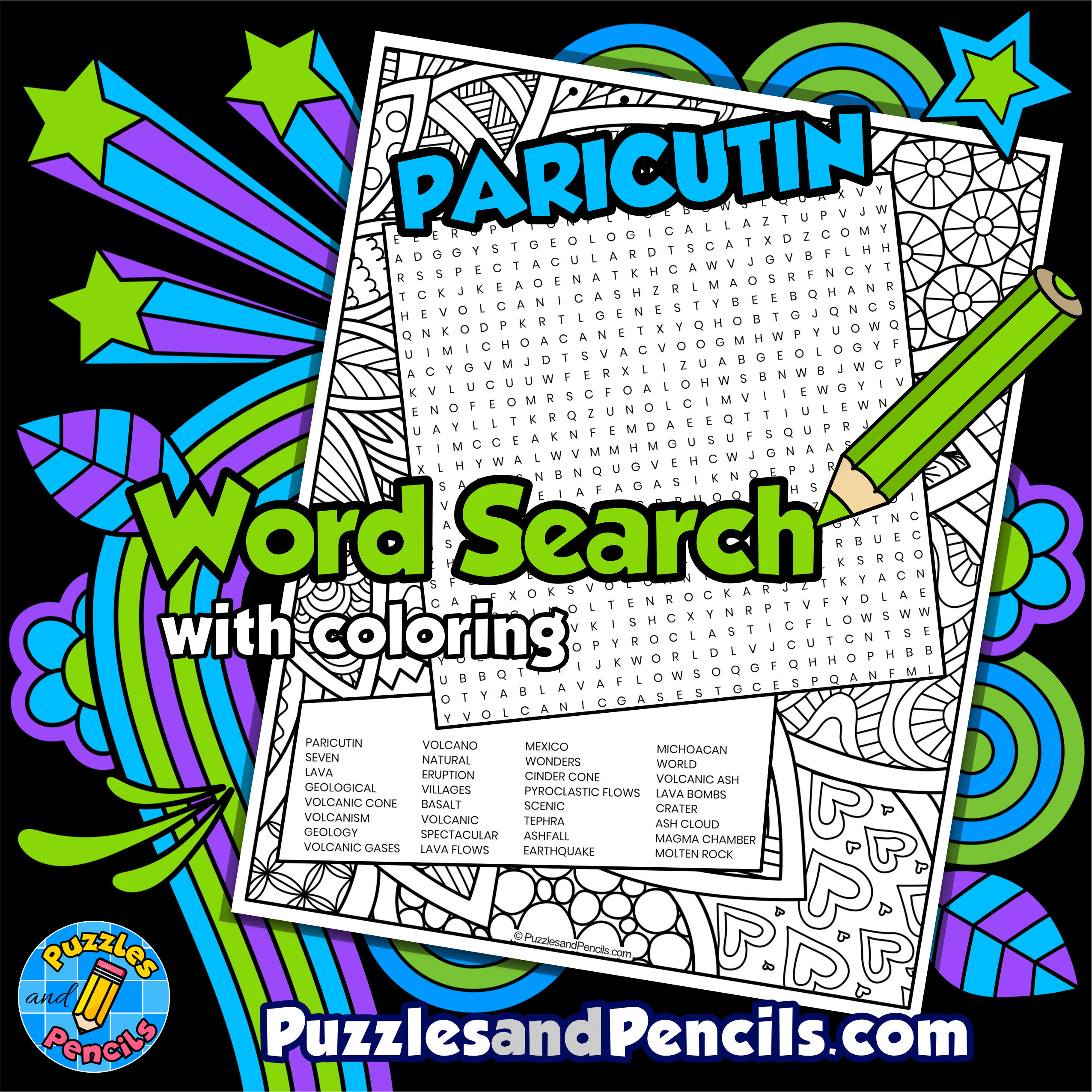 Paricutin Word Search Puzzle with Coloring | Seven Natural Wonders