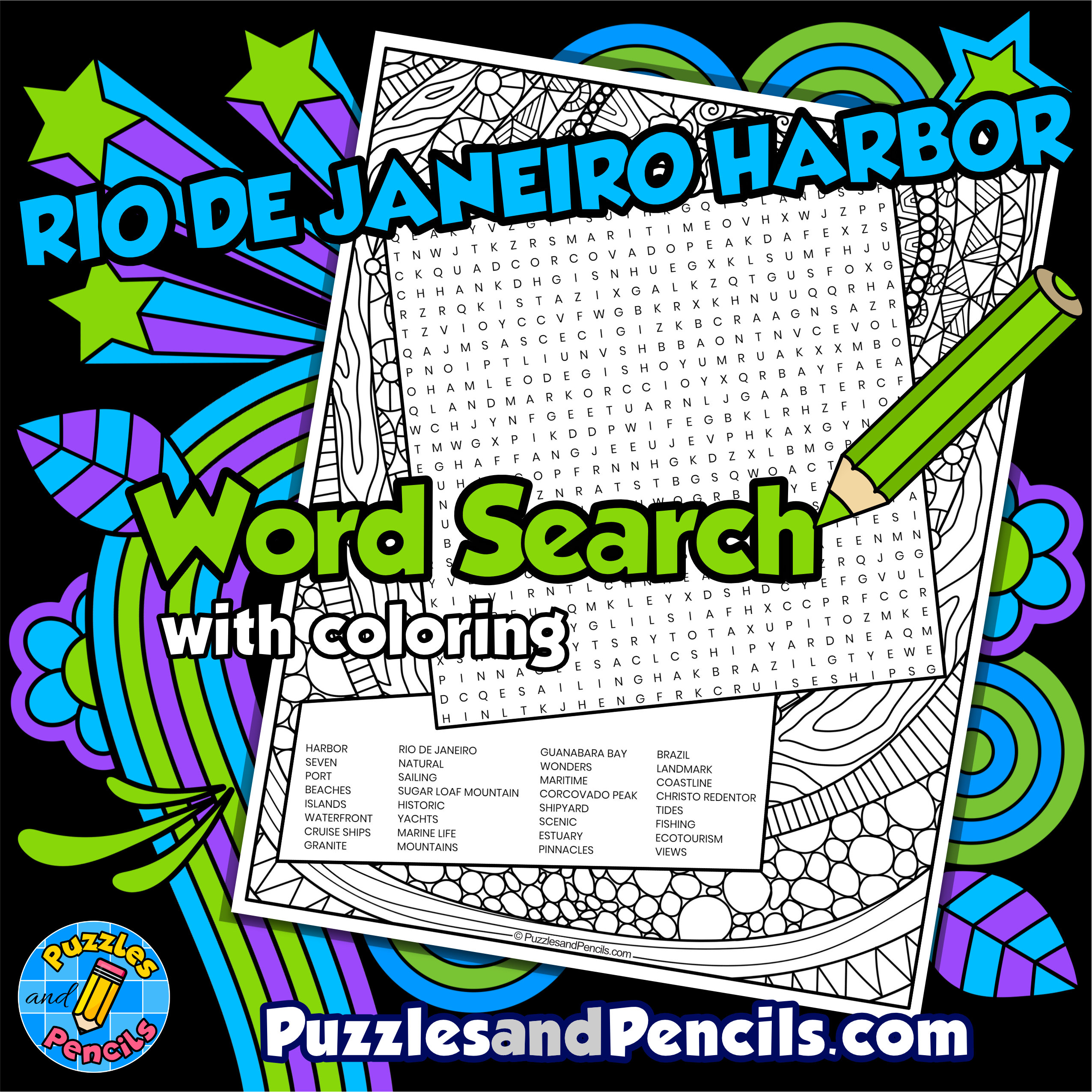Rio de Janeiro Harbor Word Search Puzzle with Coloring | Seven Natural Wonders