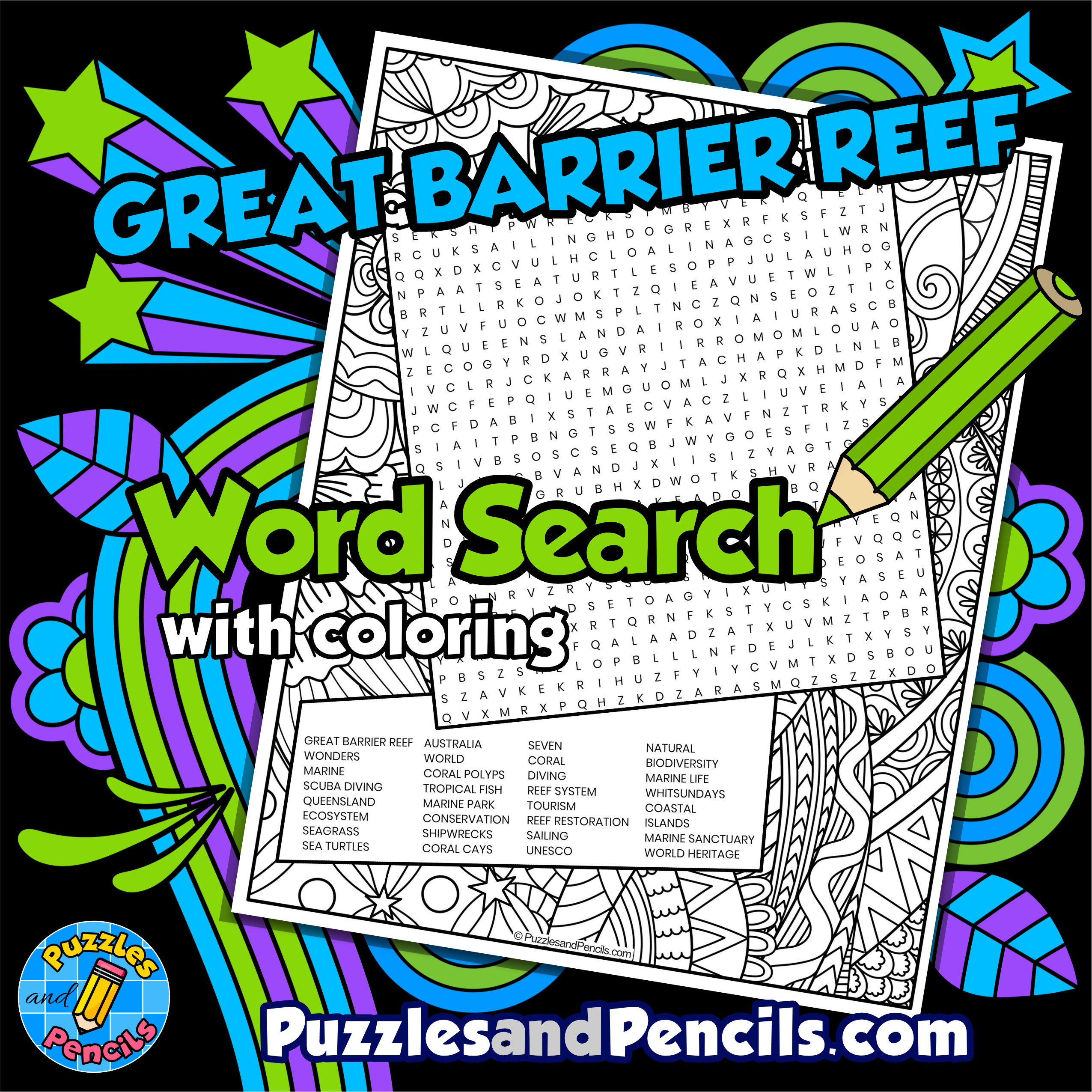 Great Barrier Reef Word Search Puzzle with Coloring | Seven Natural Wonders