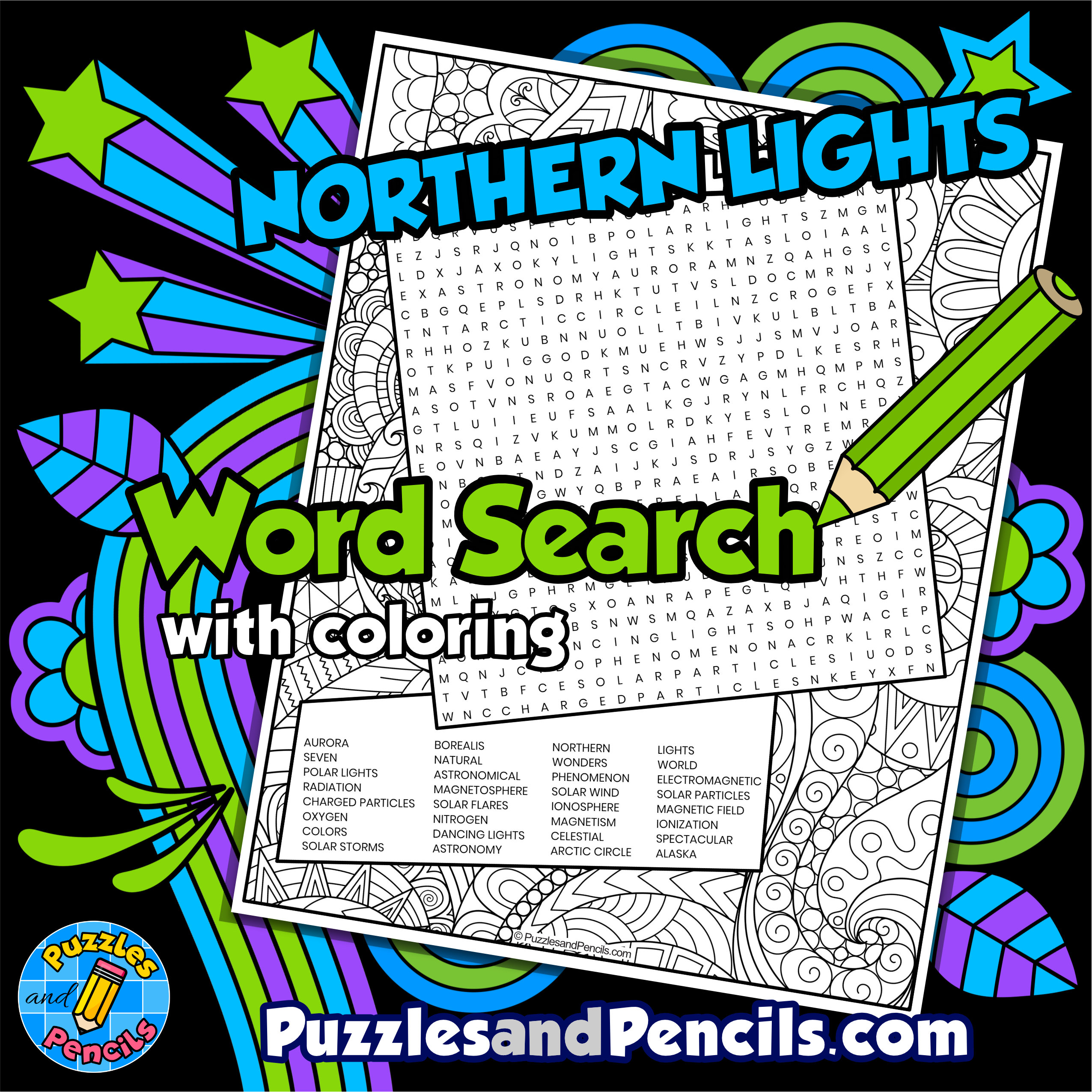 Aurora Borealis Word Search Puzzle with Coloring | Seven Natural Wonders