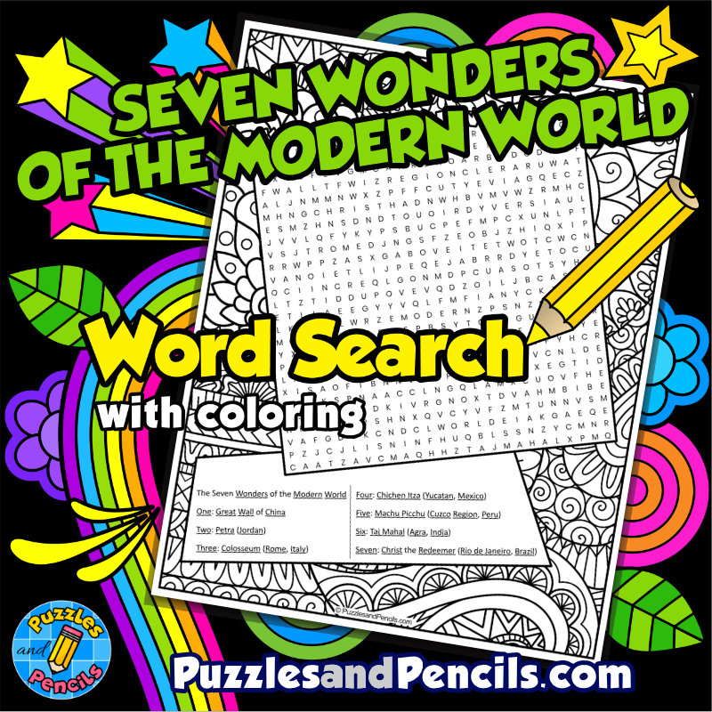 Seven Modern Wonders of the World Word Search Puzzle with Coloring
