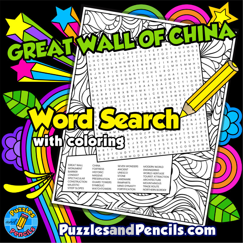 Great Wall of China Word Search Puzzle with Coloring | Seven Modern Wonders