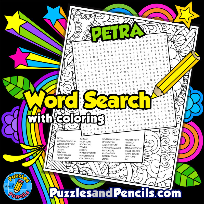 Petra Word Search Puzzle with Coloring | Seven Modern Wonders