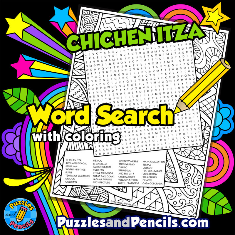 Chichen Itza Word Search Puzzle with Coloring | Seven Modern Wonders