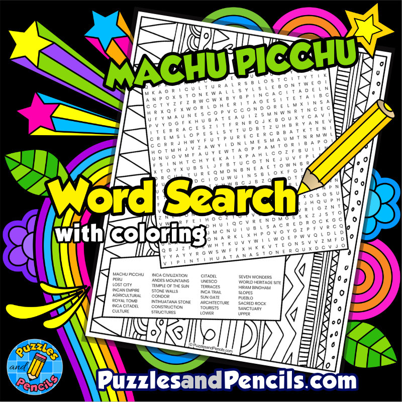 Machu Picchu Word Search Puzzle with Coloring | Seven Modern Wonders