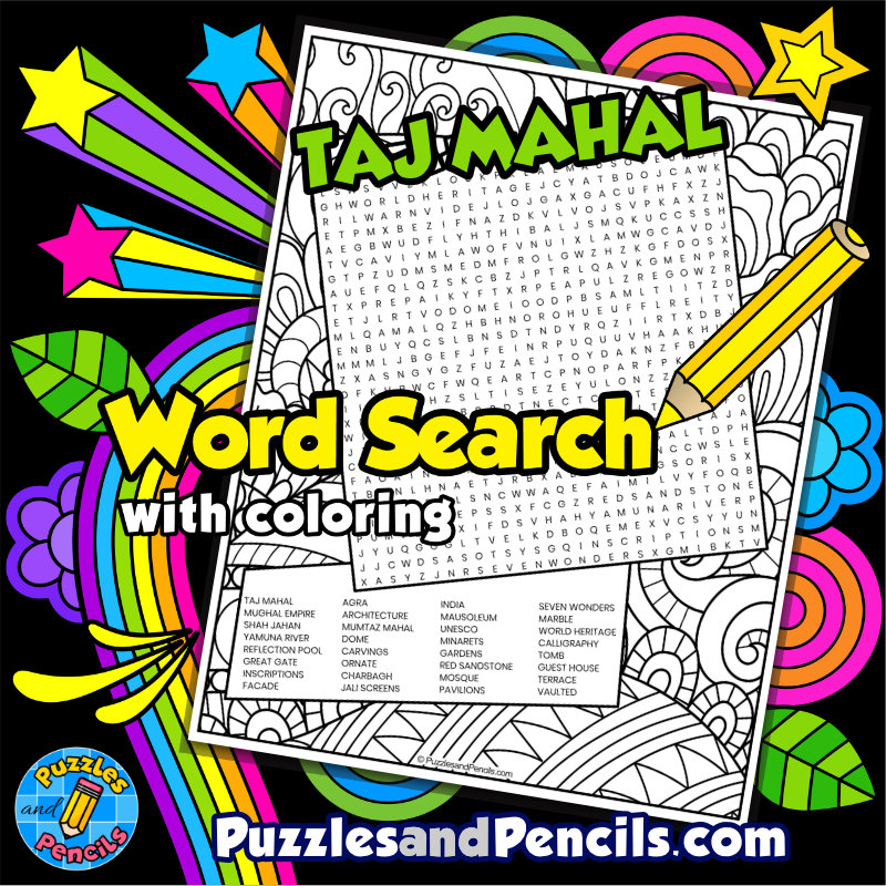 Taj Mahal Word Search Puzzle with Coloring | Seven Modern Wonders