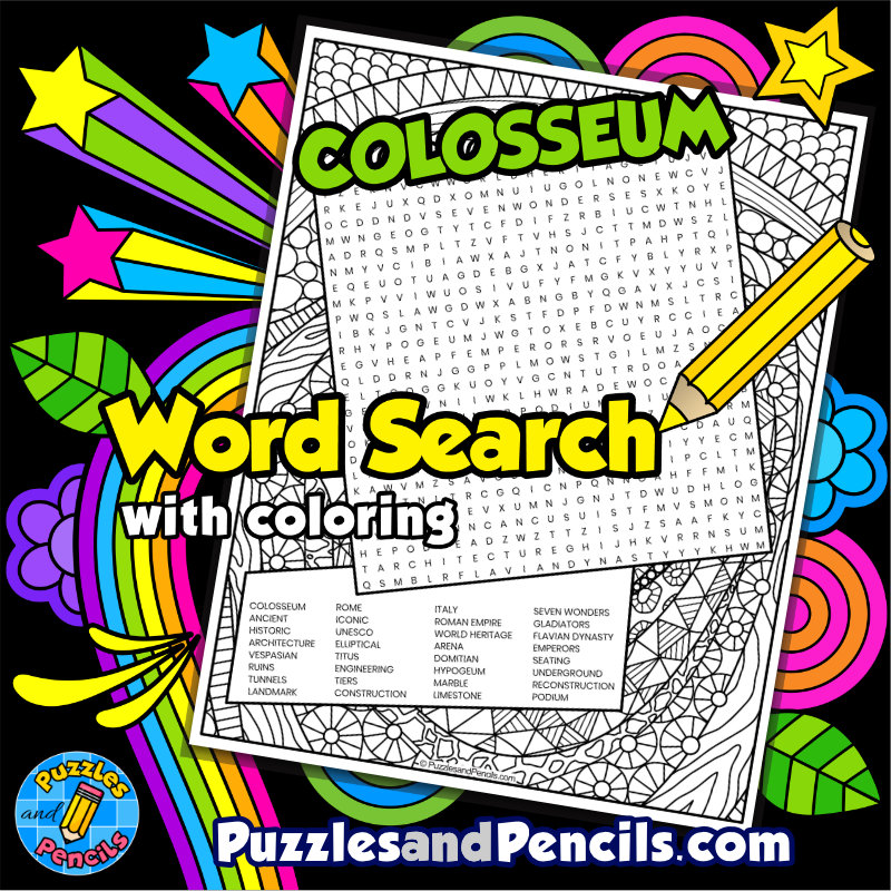 Colosseum Word Search Puzzle with Coloring | Seven Modern Wonders