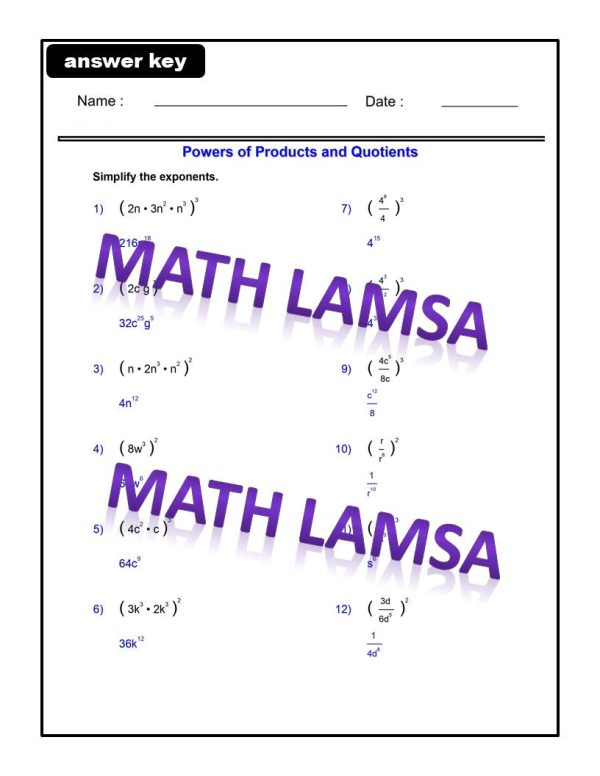Products and Quotients to a Power - Algebra 1 - Exponents Worksheets ...