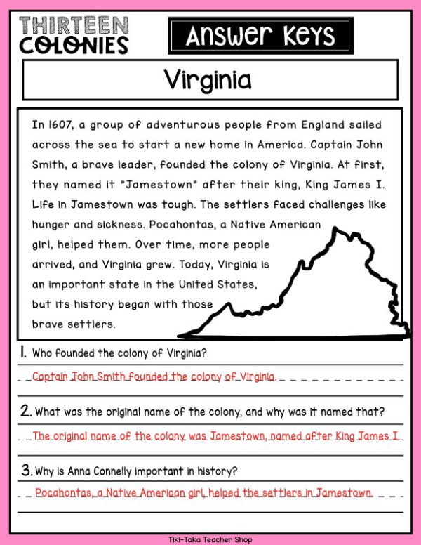 13 Colonies Social Studies Reading Comprehension Passages K-2 + ANSWERS ...