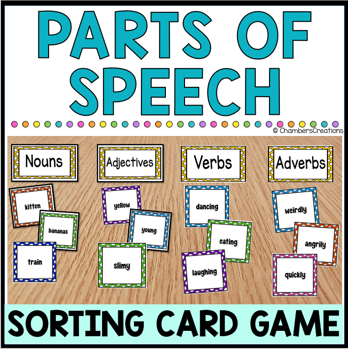 Parts of Speech Sorting Card Game ELA center Nouns Adjectives Verbs Adverbs