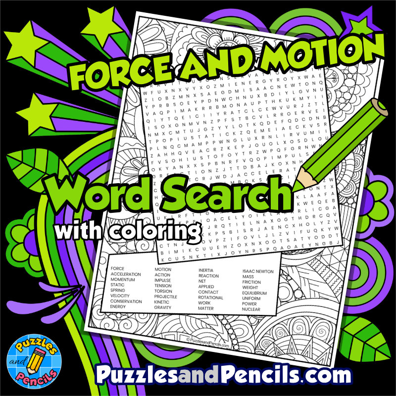 Force and Motion Word Search Puzzle with Coloring | Physics Wordsearch