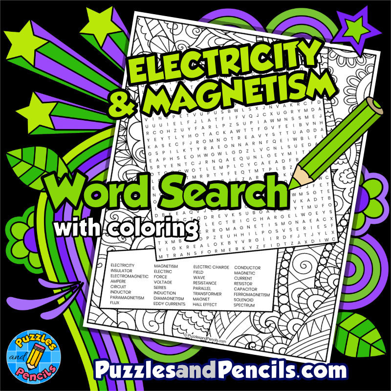 Electricity & Magnetism Word Search Puzzle with Coloring | Physics Wordsearch