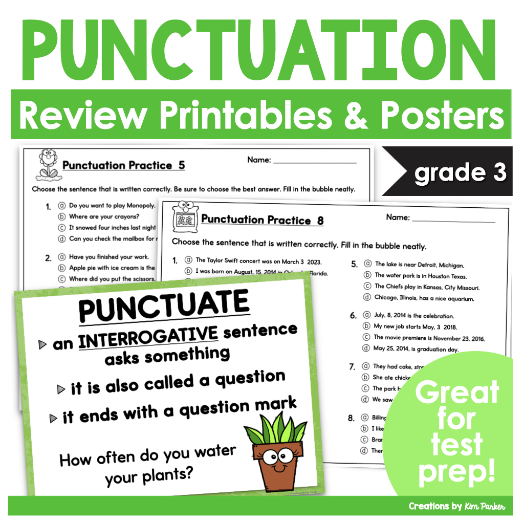 Punctuation Practice and Test Prep Worksheets for Third Grade