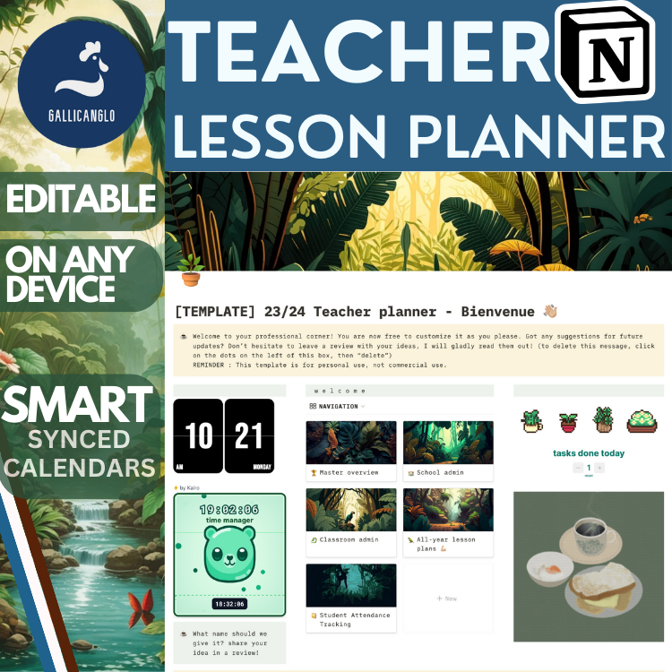 Digital Teacher Lesson Planner 23-24 Notion Template Editable for all devices