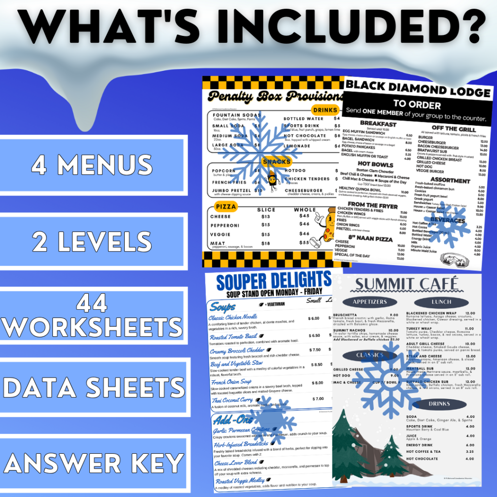 Menu Math Winter-Themed Worksheets - Total Cost & Change Back - Real ...