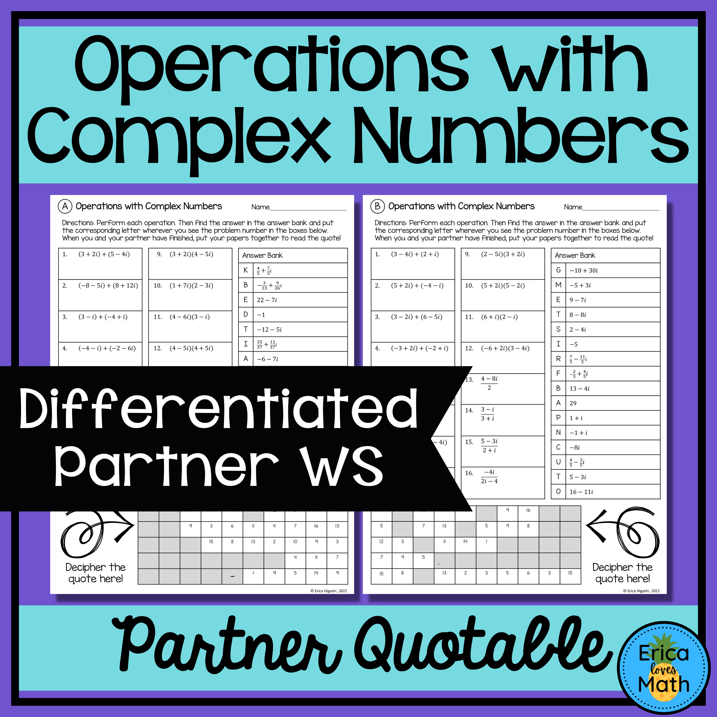 Operations with Complex Numbers Differentiated Partner Worksheets Quotable