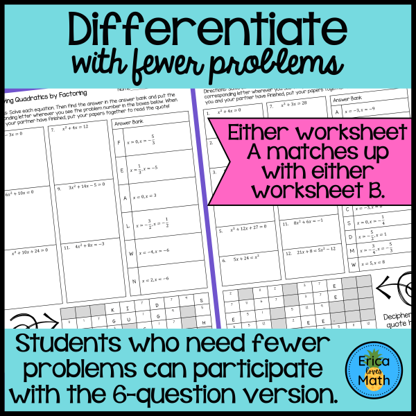 Solving Quadratics by Factoring Differentiated Partner Worksheets ...