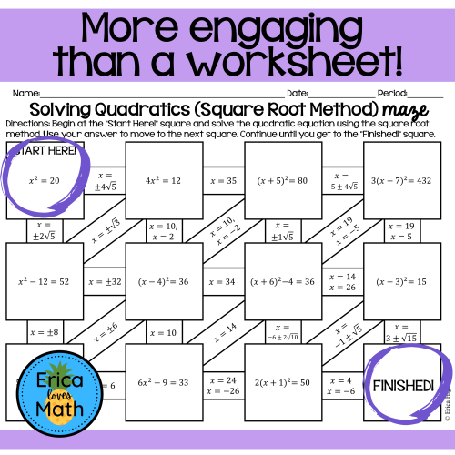 Solving Quadratic Equations by Square Root Method Activity Maze - Made ...