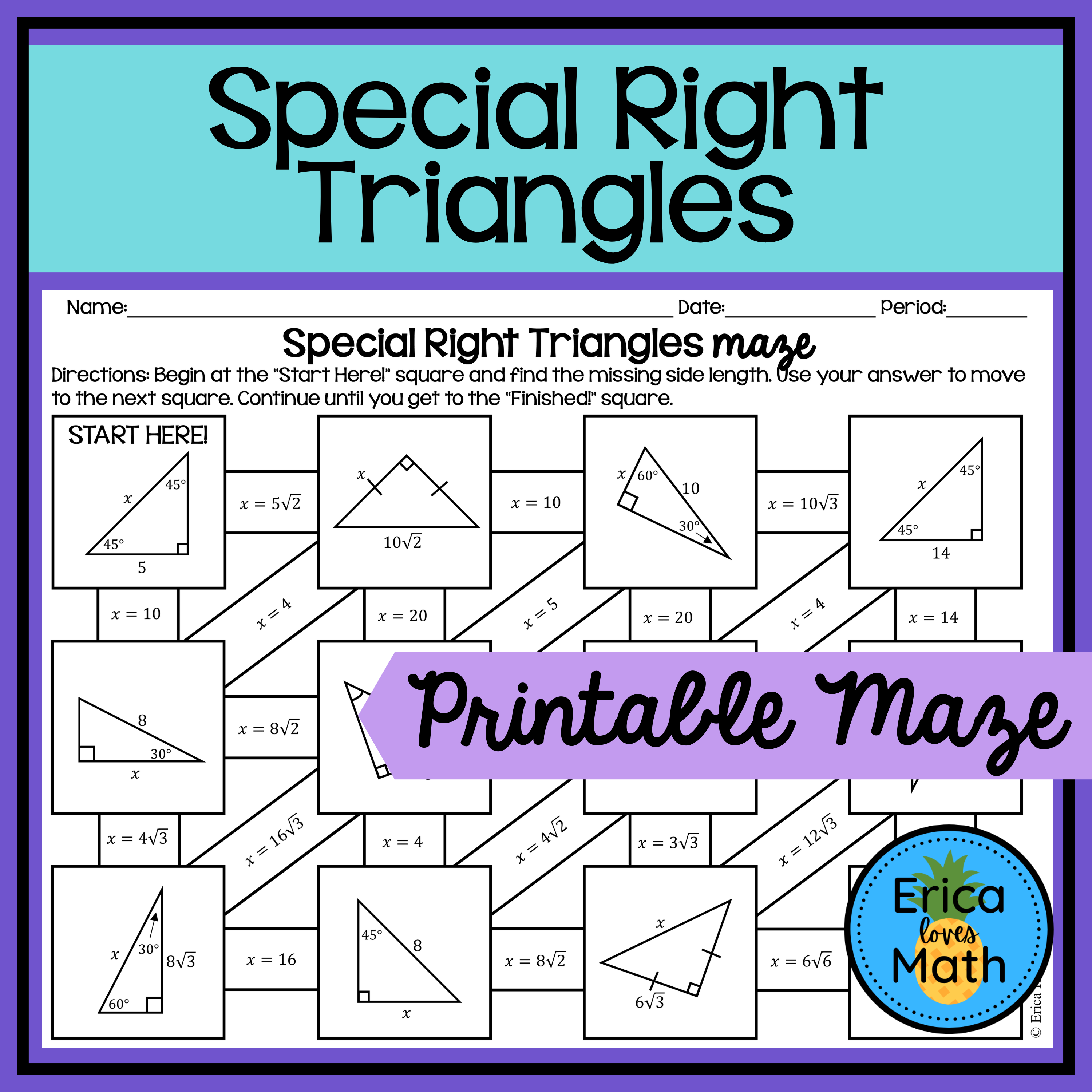 45-45-90 and 30-60-90 Special Right Triangles Activity Maze