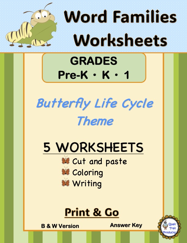 Word Families Worksheets with Caterpillars and Butterflies