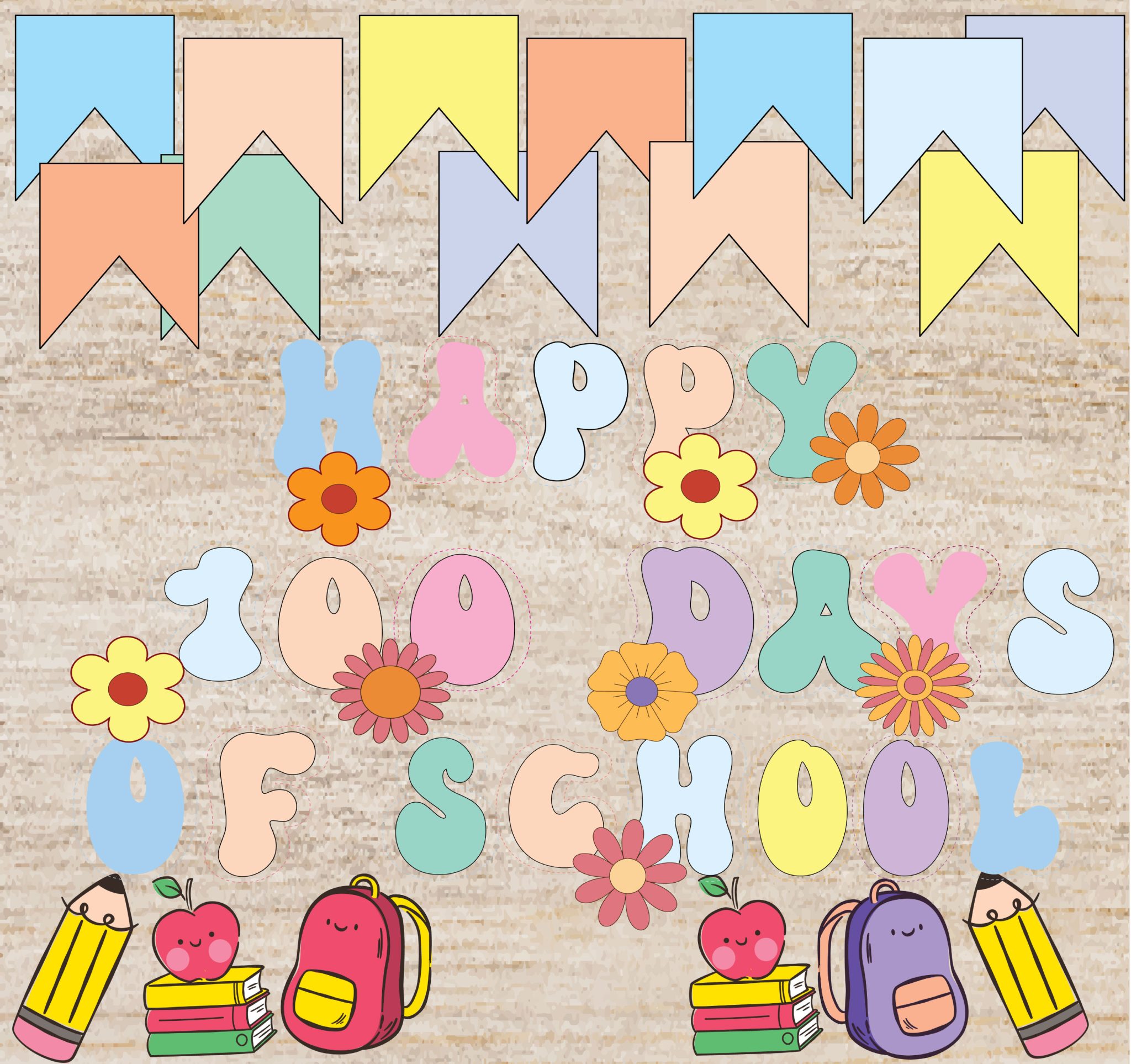 Retro Groovy Themed Kit Happy 100 Days of school bulletin board decor ...
