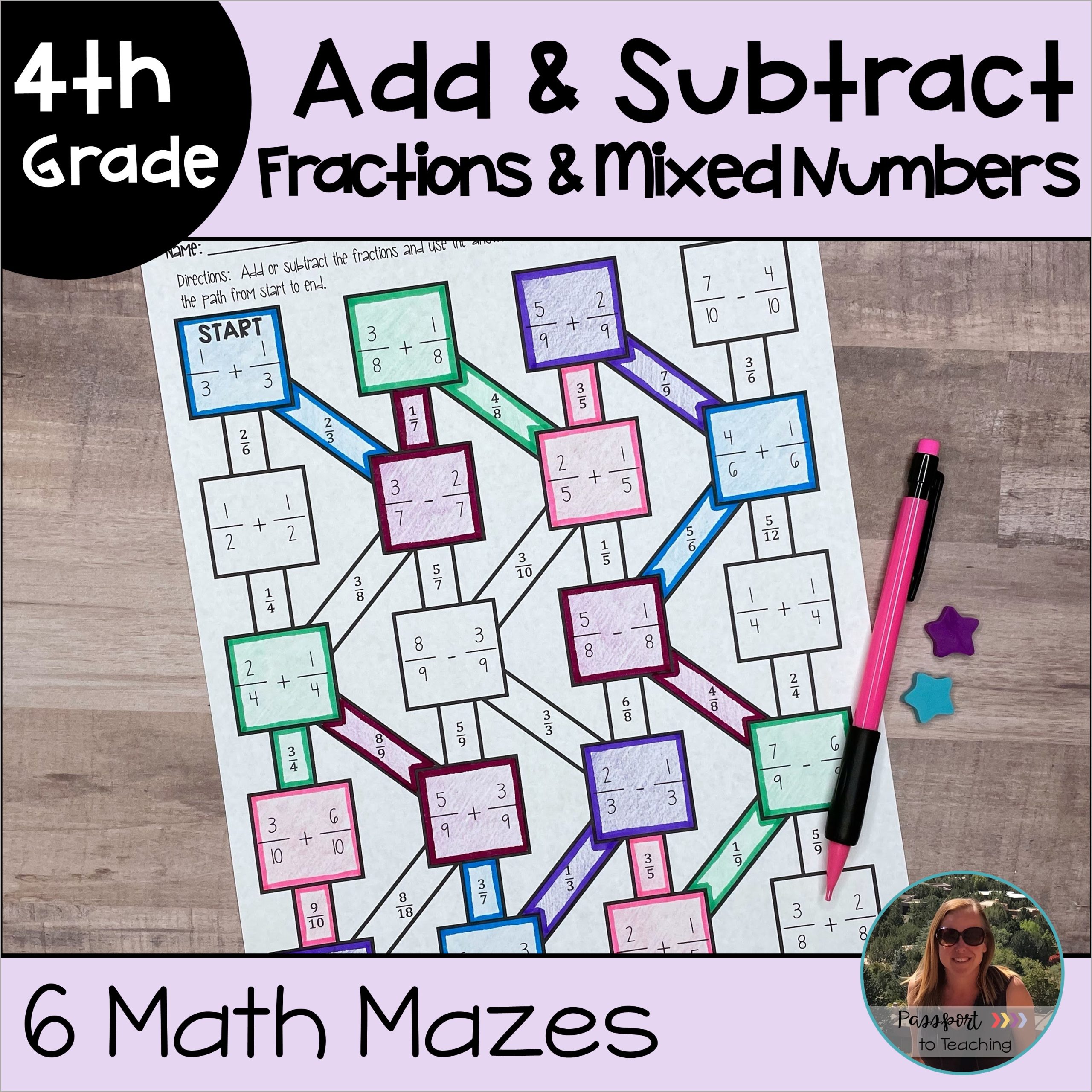Add and Subtract Fractions and Mixed Numbers with Like Denominators Math Mazes