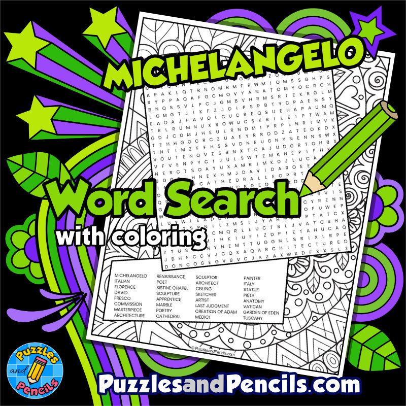 Michelangelo Word Search Puzzle with Coloring | Famous Artists